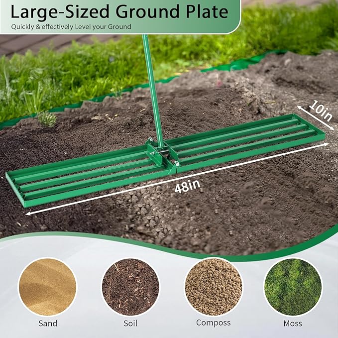 VINGLI Iron Lawn Leveling Rake 48in for Soil Sand Composs, Extended Handle, 180°Rotation Head, with All Handwares, for Yard Garden Golf Field, Green (48in)