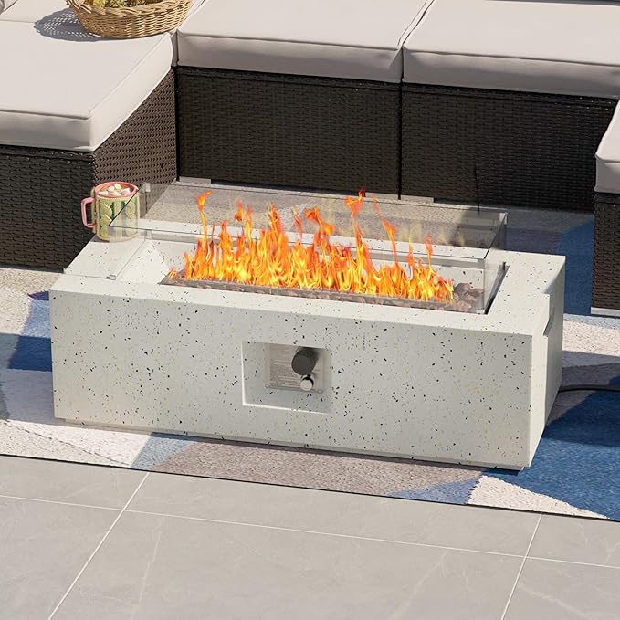 SUNBURY Outdoor Propane Fire Pit Coffee Table, 42 Inch Rectangular Firepit Table w Wind Guard, 40,000 BTU Spotted White Concrete Patio Gas Heater Fire Table w Free Waterproof Cover, Lava Rocks