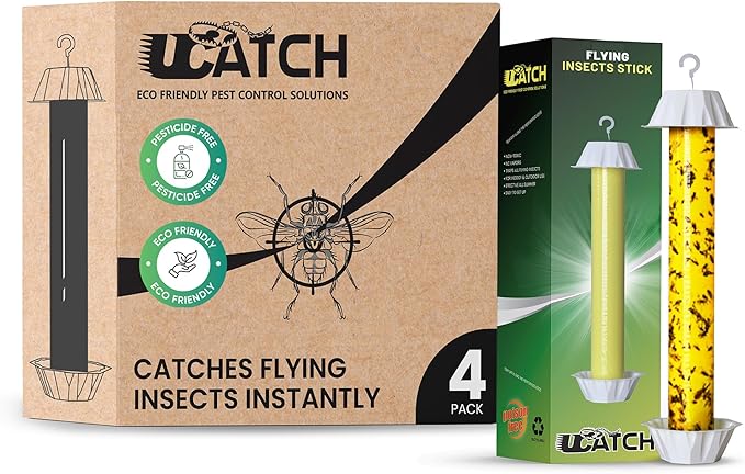 Sticky Fly Trap Indoor & Outdoor Pack of 4 | Hanging Fly Stick for Gnats, Flies, Wasps, Mosquitoes & Other Flying Bugs | Sticky Bug Traps | Home Pest Control | Flying Insect Trap Rolls | Ucatch