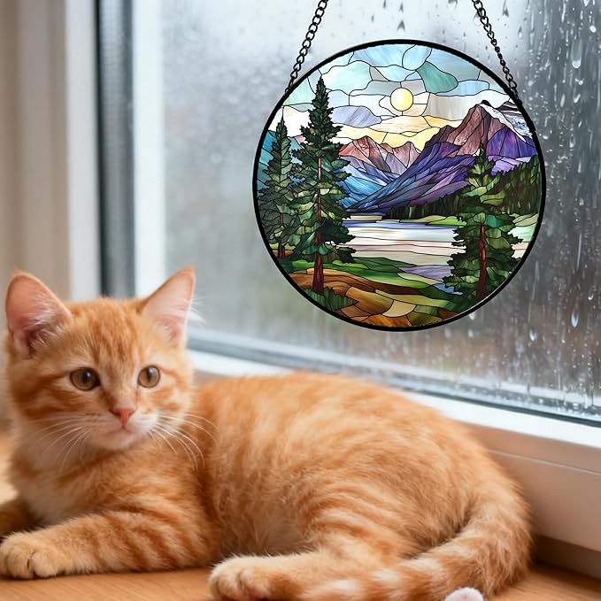 HKDGOKA Stained Glass Window Hanging Sunset View of Green Trees Mountain 9.8" - Suncatcher Door Garden Sun Catcher Home Decor Birthday Christmas for Woman Nana Friend Men Mom
