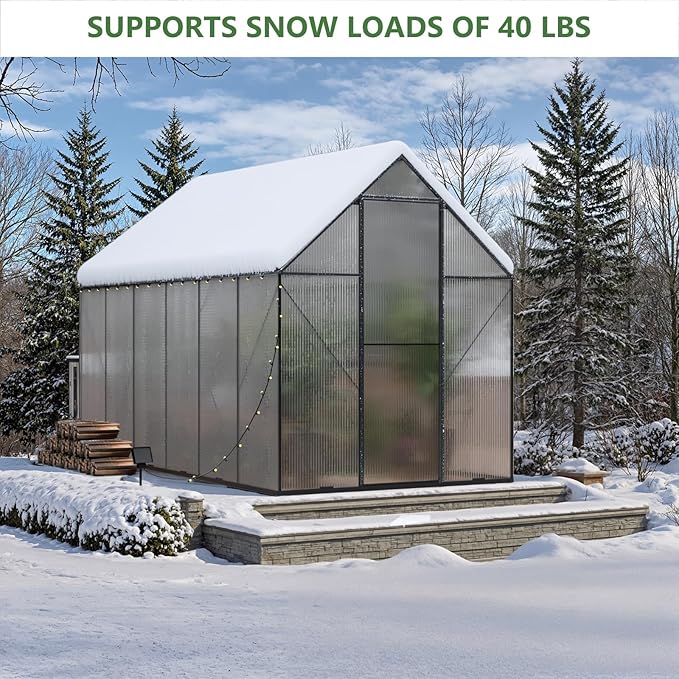 6X12 FT Greenhouse for Outdoors, Heavy Duty Polycarbonate Greenhouses, Large Walk-in Greenhouse with Roof Vent, Aluminum Hot House for Garden & Backyard