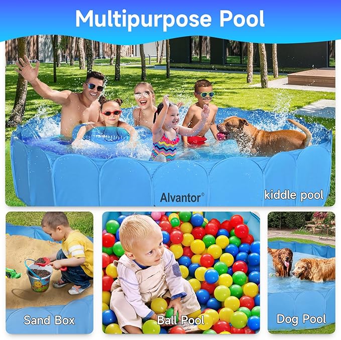 Alvantor Extra Large Foldable Dog Pool for Large Dogs, 87" x16'' Non-Slip Pet Pool 5 Layers Protection Heavy Duty Steel & Oxford Fabric Kids Pool Portable Outside Swimming Pool for Backyard - Blue
