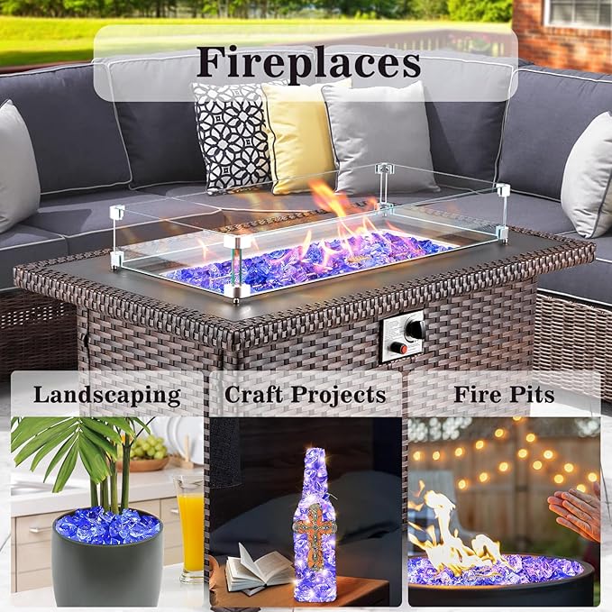 GRISUN Blue Fire Glass for Fire Pit - 1/2 Inch 20 Pounds Tempered Glass Rocks for Natural or Propane Fireplace, Safe for Outdoors and Indoors Firepit Glass