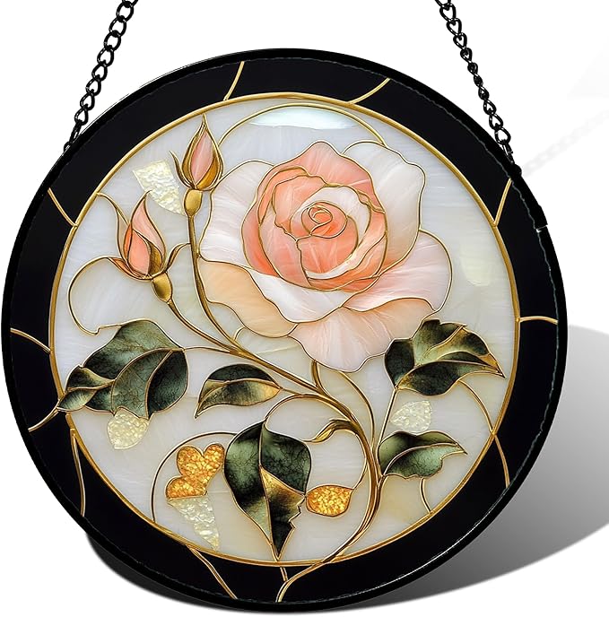 AMDERVEN Stained Glass Window Hanging - Black White Pink Rose Sun Catcher for Door Home Decor Flower Suncatcher Christmas Mother's Day Birthday Gifts for Women Men Lovers Mom Nana 7.8 in