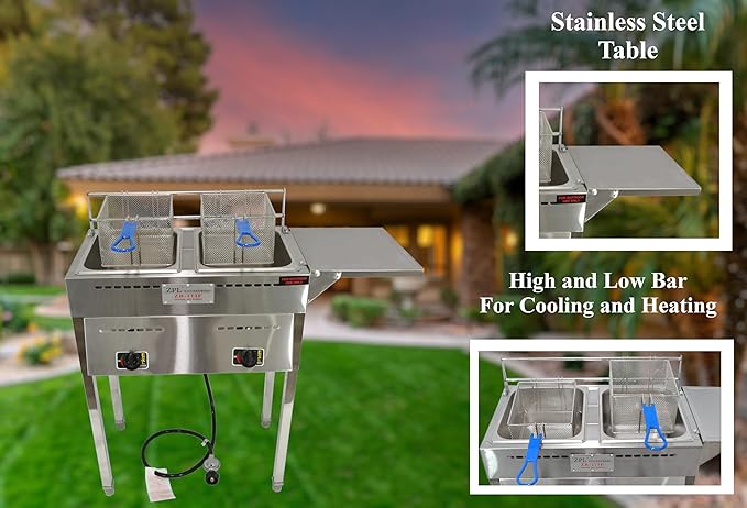 ZPL Kitchenware Deep Fryer – Propane Deep Fryer for Outdoor- 18 Qt Stainless Steel Commercial Quality Double Fryer with Baskets, Lids & Hose - Ideal for Frying Fish, Wings, and More