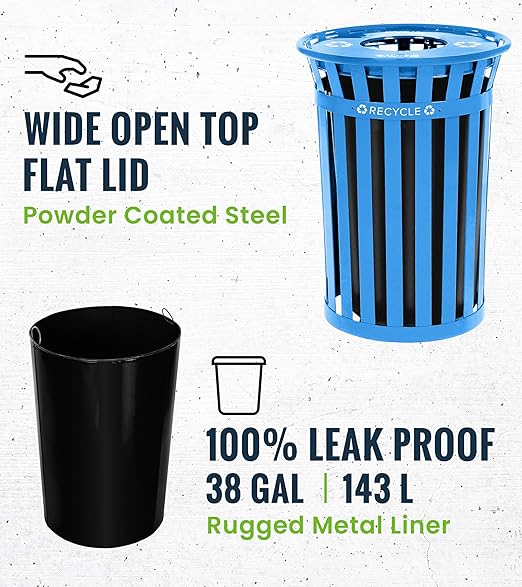 Alpine Commercial Outdoor Trash Can - 38 Gallon Heavy Duty Blue Recycle Garbage Can with Liner, Open Top Lid, All Weather Resistant Large Outside Trash Can for Parks, Parking, School