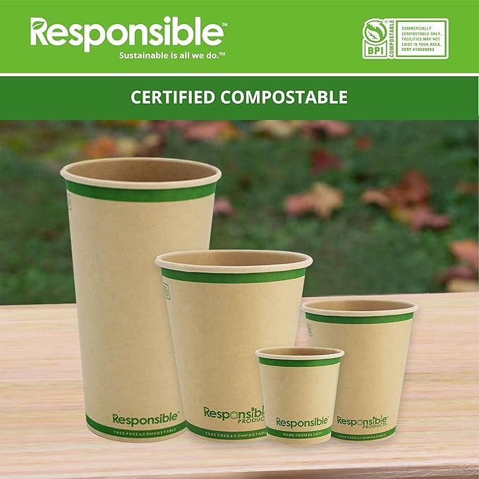 Responsible Products 8 oz Paper Hot Cups (Squat), Tree-Less™ Compostable Paper Coffee Cups, Extra Strength, Tree-Free and Made Without PFAS, Natural Brown (1000 Count)