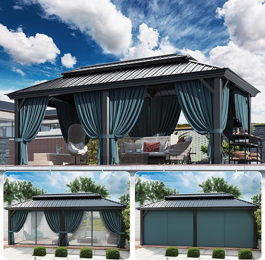 HOTEEL 12x20 Gazebo with Metal Roof & Drainage System, Heavy Duty Hardtop Gazebo with Flame-Retardant Curtain & Netting, Gazebos with Galvanized Steel Double Roof, Outdoor Gazebo for Patio, Party