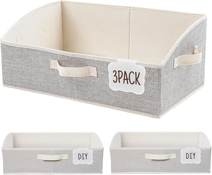 Closet Organizers and Storage with Labels Clip,Trapezoid Storage Bins,Storage Baskets for Shelves,Gift Basket Empty for Birthday,Books,Foldable Toy Storage Organizer,Large,Honey Beige,3-Pack