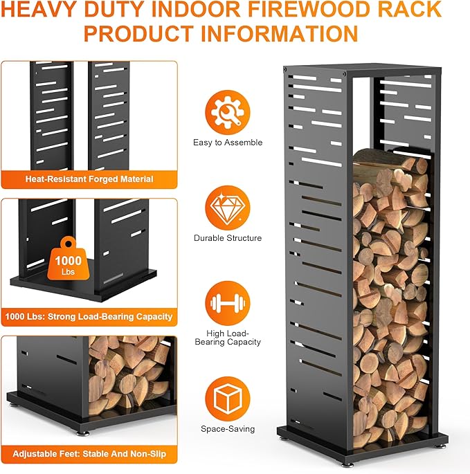Firewood Rack, Wood Stacker Firewood Outdoor, Black Metal, 44.1 Inches, 1000 lbs Capacity, Indoor Decorative Wood Holder for Woodshed, Storeroom, Basement (Rectangularslot)