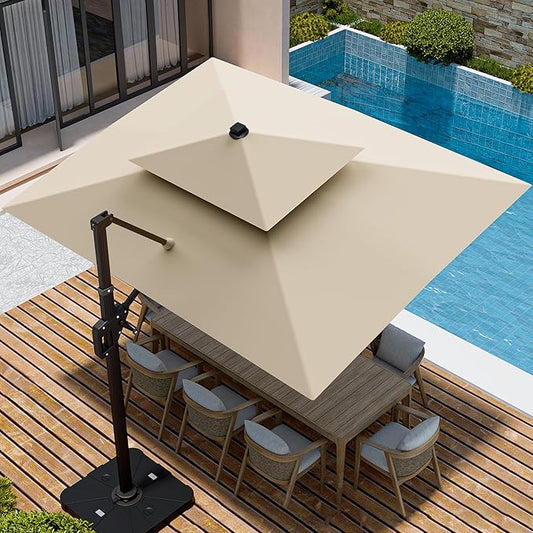 9' X 12' Cantilever Patio Umbrella with Base Included Double Top Rectangular Outdoor Large Offset Umbrellas with 7 Tilts Adjustable 360°Rotation for Deck Pool Garden Backyard, Beige