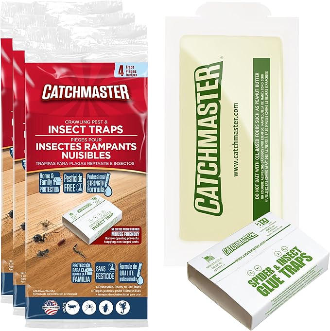 Catchmaster Crawling Pest & Insect Glue Traps 12-Count (3 Packs of 4), Insect Traps Indoor for Home, Pest Control Glue Boards, Adhesive Tray for Bugs, Spiders, Crickets, Roaches, & Ants
