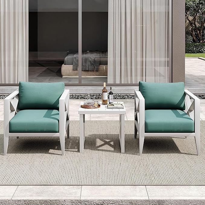 Aluminum Patio Furniture Set, 3 Pieces Conversation Set with 6 Inch Cushions and Coffee Table, Outdoor Patio Sectional Sofa for Garden (White)