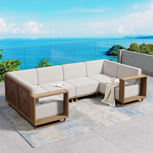 6 Pieces Patio Furniture Set,Outdoor Rattan Wicker Sectional Sofa with 10''Ultra-Thick Cushions,All Weather Patio Conversation Set for Lawn Garden Backyard,Beige