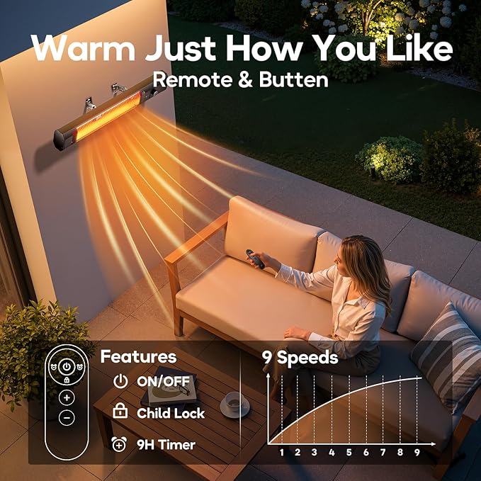 Wall Mounted Outdoor Patio Heater,Space Heater for Garage Backyard Room Indoor,1500W Fast Electric Infrared Heater with Remote Control,9H Timers,Waterproof,Child Lock,Large