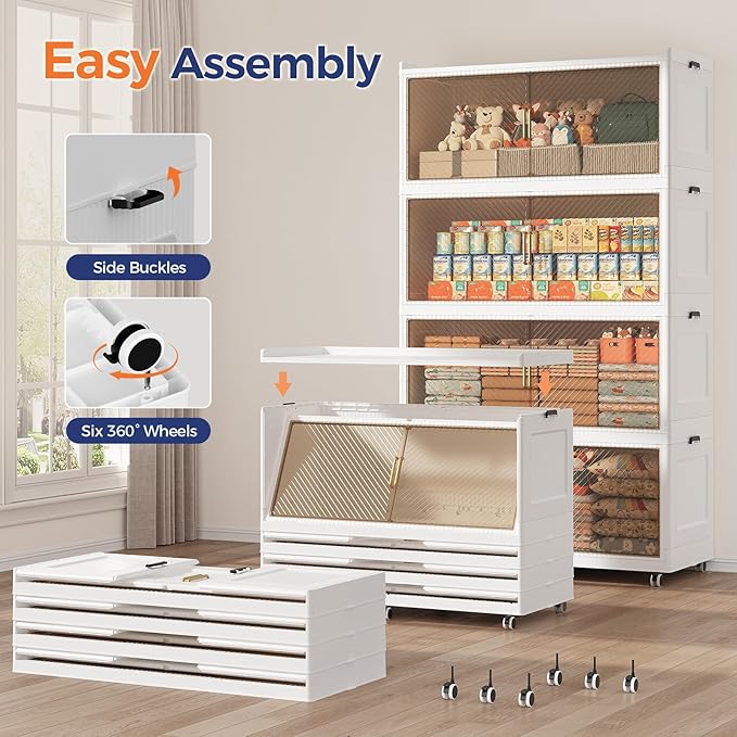 1280QT Extra Large Storage Bins with Lid and Wheels, 320Gal Stackable Closet Organizers and Storage Cabinet, Collapsible Storage Box Drawer with Doors for Home Kitchen Office Dorm, 4Pack White