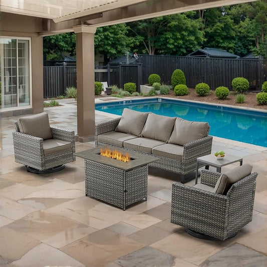 5 Piece Wicker Patio Furniture with Fire Pit Table - Outdoor Conversation Set with 50,000 BTU Fire Pit, All Weather Rattan Patio Set for Deck Backyard Garden - Grey Wicker Grey Cushion