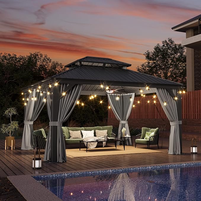 Aoxun 12' X 14' Hardtop Gazebo with Drainage System, Aluminum Outdoor Gazebo with Galvanized Steel Double Roof, Patio Permanent Metal Pavilion with Curtain and Netting, for Backyard, Deck, Grey