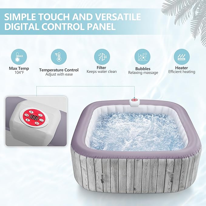 HUGROVE Square Inflatable Hot Tub for 4-6 Person, Portable Outdoor Spa with 130 Bubble Jets, Energy-Efficient Heating up to 100 °F, Smart Control, PVC Material, with Cover (Square)