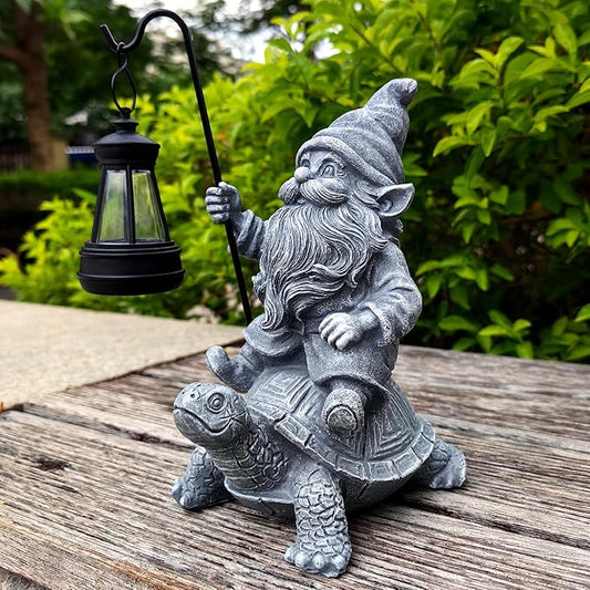 Bezseili Garden Gnome Statue Riding Turtle - Garden Gnomes Decorations with Solar LED Lights, 7.9" Outdoor Resin Figurine Ornament for Patio, Yard, Funny Lawn Decor (Gray)