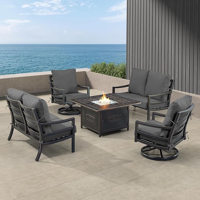 Oakland Living Black Aluminum Patio Fire Table Set with Two Deep Seating Loveseat with Cushions and Two Club Chairs with Black Cushions