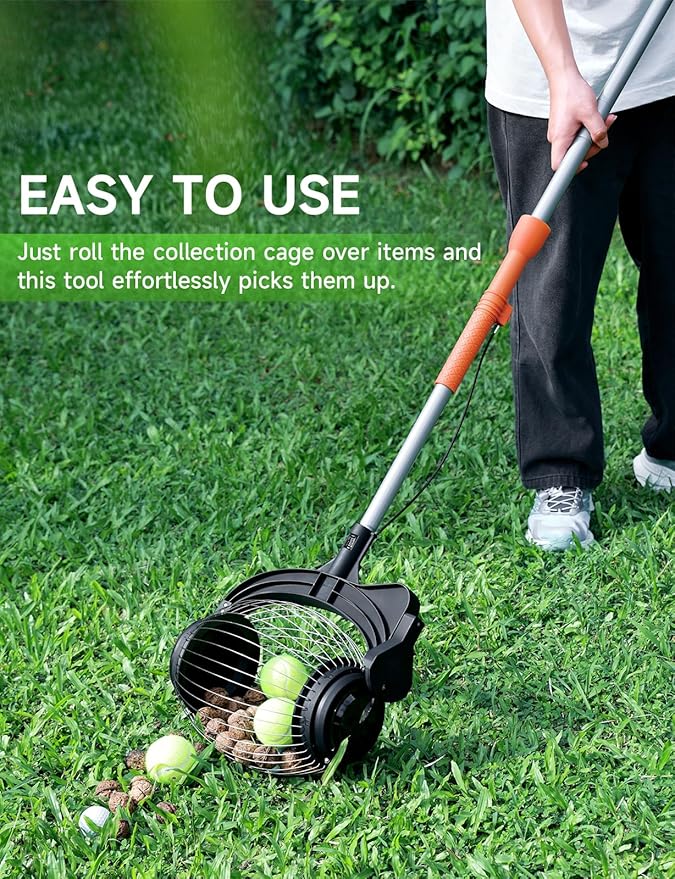 Nut Gatherer for Walnuts with 1.8-Gallon Capacity, No-Bend Emptying Design，Acorn Picker Upper Roller Suitable for 1.2"-3.6" Walnuts,Chestnuts, Fallen Apples & Tennis Balls(No Small Acorns)