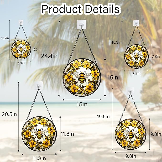 AMDERVEN Stained Glass Window Hanging - Yellow Flowers Surrounded by Bees Sun Catcher for Door Garden Home Decor Cute Suncatcher Christmas Mother's Day Birthday Gifts for Women Men Mom Nana 6.3 in