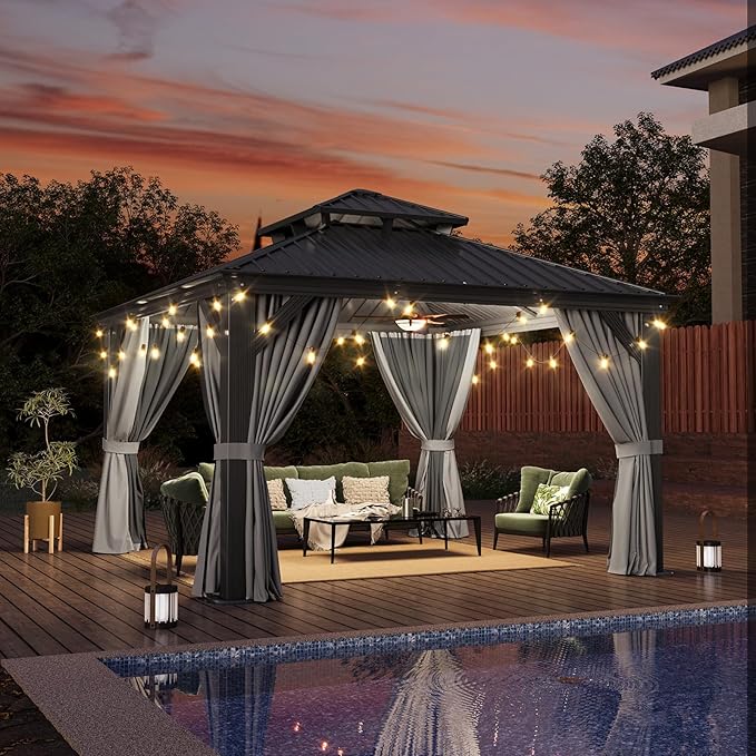 Aoxun 12' X 12' Hardtop Gazebo with Drainage System, Aluminum Outdoor Gazebo with Galvanized Steel Double Roof, Patio Permanent Metal Pavilion with Netting, for Garden, Deck, Grey