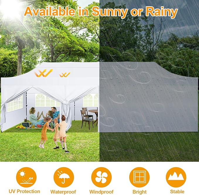 COBIZI 10x30 Pop Up Canopy with 8 Sidewall,Heavy Duty UPF 50+ All Season Wind Waterproof Commercial Outdoor Wedding Party Tents for Parties Canopy Gazebo with Roller Bag(10 x 30 ft White)
