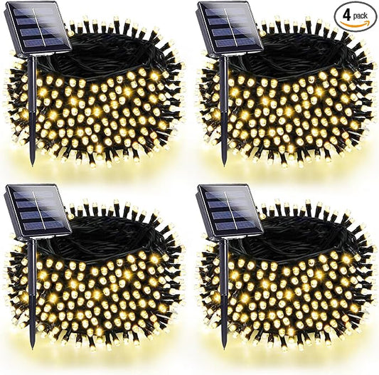 4 Pack 180FT Solar String Lights for Outside, Super Bright 320 LED Solar Christmas Lights Outdoor Waterproof with 8 Modes, Green Wire Twinkle Fairy Lights for Xmas Tree Party Yard (Warm White)