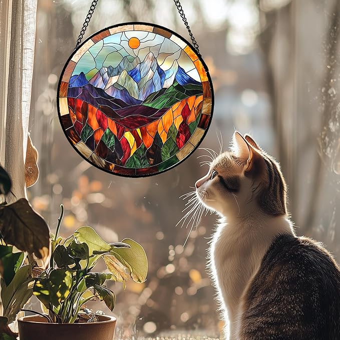 QZQCBLC Stained Glass Window Hanging Orange Sun Colorful Mountains Landscape 9.8" - Suncatcher Door Garden Sun Catcher Home Decor Birthday Christmas for Mom Men Woman Friend