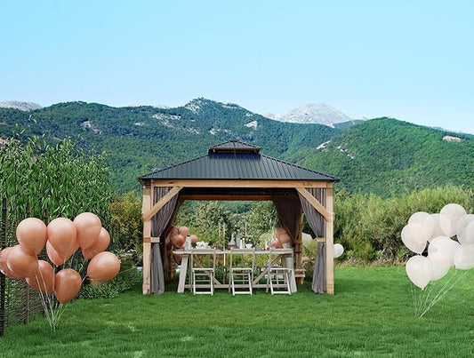 GarveeLife Hardtop Wood Gazebo 10 ft x10 ft for All Weather, with Double Metal Roof, Heavy Duty Wooden Frame, Net, and Curtain, Permanent Building for Patio, Deck, Backyard, Lawn, and Garden