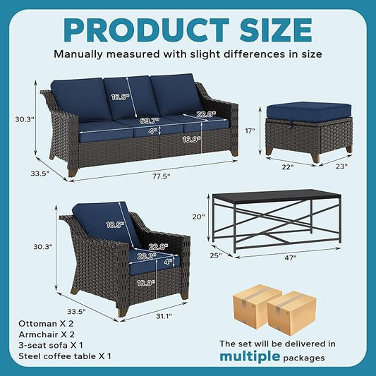 6 Pieces Outdoor Conversation Furniture Set - 77" Patio Sofa, 2 Armchairs, 2 Ottomans, 1 Metal Table, Patio Wicker Couch Set with Washable Cushions for Swimming Pool (Navy Blue)