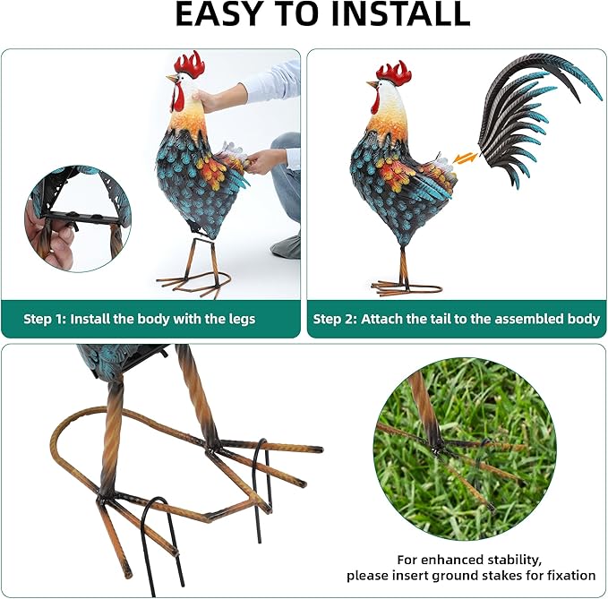 Autodaya 32" Metal Rooster Decor, Outdoor Garden Statues, Metal Chicken Sculpture for Backyard Patio Kitchen Decor