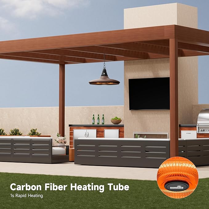 Hanging Heater, 1500W Outdoor Electric Patio Ceiling Heater with Remote Control, Infrared for Courtyard, Garage, Patio, Overheat & Tip-Over Protection, IP65 Waterproof, Brown