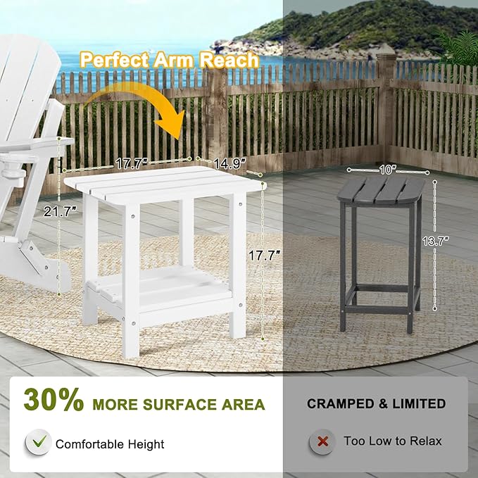 Set 2 Adirondack Outdoor Side Table, 2-Tier Small Patio End Table, Weather Resistant HDPE Outdoor End Tables for Garden, Lawn, Pool, Beach, Porch, Deck, Backyard - Square, White