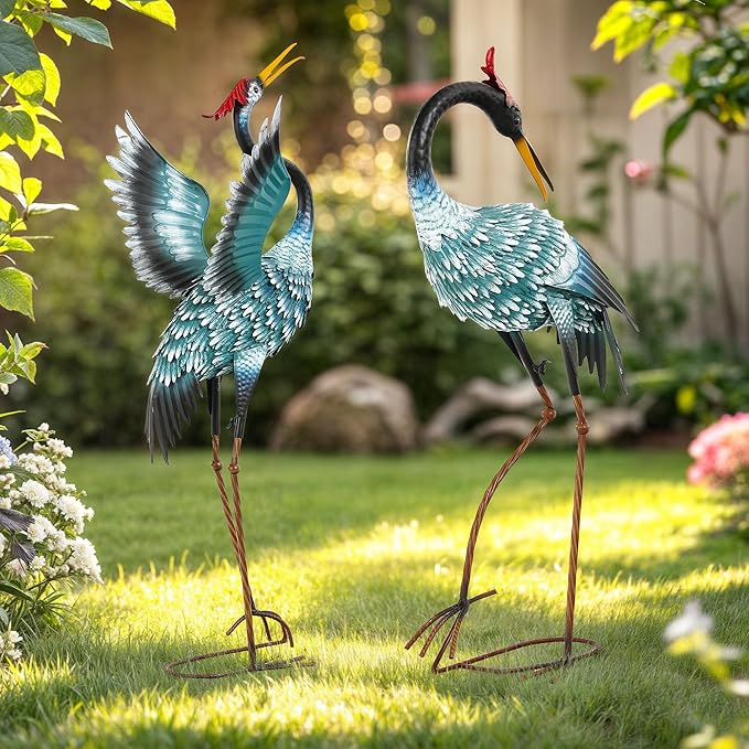 Ultym 36.8" Metal Crane Garden Statue, Handcrafted Extra-Large Blue Heron Decor Sculptures with Stable U-Ground Stakes, Backyard Decoration, Metal Garden Bird Animal Yard Art, Lawn Ornament Decor