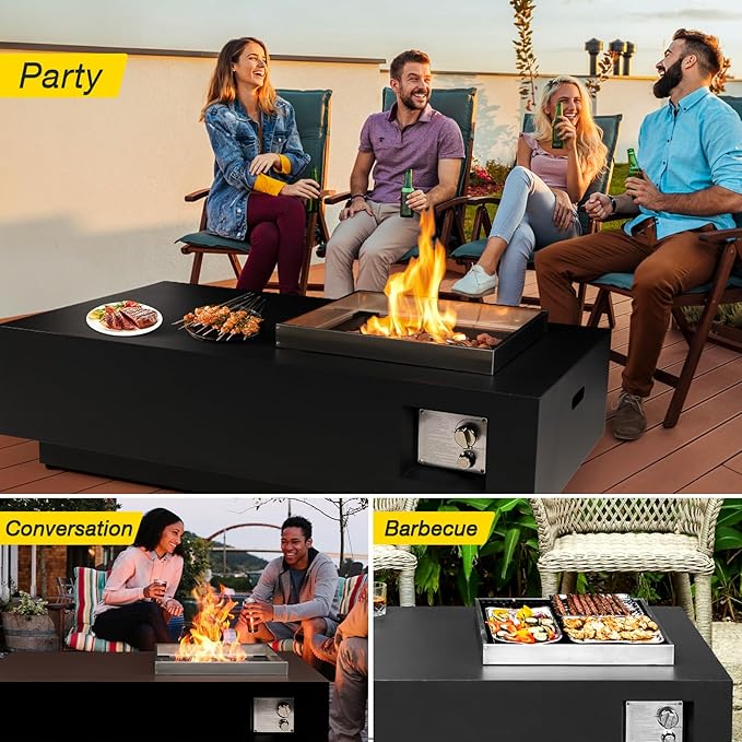 2-Piece 48" Outdoor Propane Fire Pit Table Set W 16" Tank Cover Side Table, 50,000 BTU Rectangle Fire Pit Coffee Table, Lava Rocks, Wind Guard, Rain Cover for Patio, Backyard, Garden, Deck