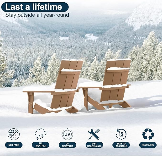 MXIMU Modern Adirondack Chairs Set of 4 Weather Resistant with Cup Holder Oversize Plastic Fire Pit Chairs Plastic Outdoor Chairs for Firepit Area Seating (Teak)