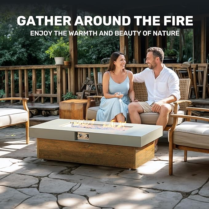 48" Propane Fire Pit,Outdoor Gas Fire Pit Table with Rain Cover,Rectangular Heater for Patio, Backyard, Deck,50,000BTU Outdoor Modern Patio Fire Pit. (Retro Wood, 48" x 23.6")