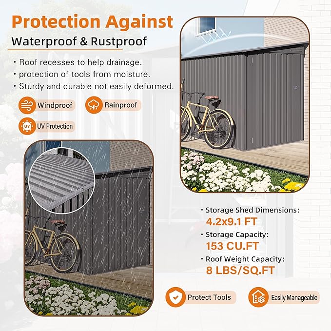 4x9 FT Outdoor Storage Shed,Lean to Metal Shed W/Window,All Weather Waterproof Garden Storage Shed W/ 6 Air Vents & 1 Lockable Door,Weatherproof Tool House W/Sloped Roof,for Lawn,Gray
