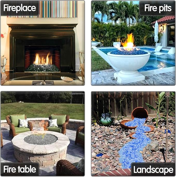 GRISUN 20 Pounds Fire Glass for Fire Pit - 1/2 inch High Luster Reflective Tempered Glass Rocks, Decorative for Natural or Propane Fireplace, Blend of Ultra Clear, Gold, Black