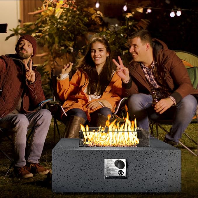 COSIEST Outdoor Propane Fire Pit Coffee Table w Square Faux Stone 35-inch Base, Certified, 50,000 BTU Stainless Steel Burner, Free Lava Rocks and Rain Cover, Wind Guard, Tank Cover,Gray