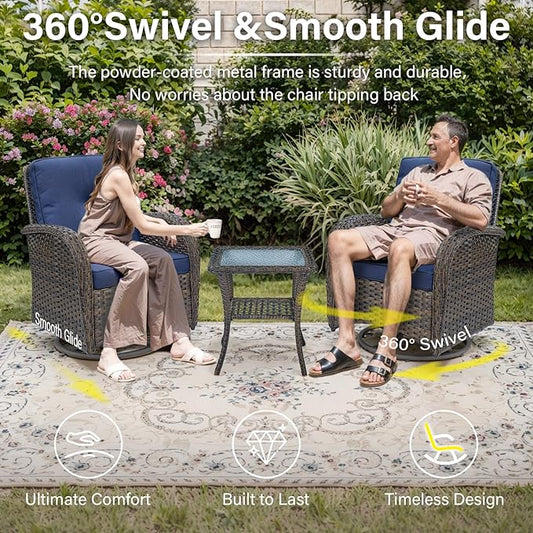 5 Piece Swivel Rocker Glider Outdoor Chairs Set of 2 with Ottoman and Glass Side Table Patio Bistro Furniture Set, Comfort High Back Wicker Patio Conversation Set for Deck Porch Sunroom