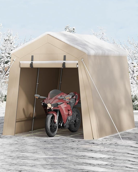 7 x 10 Ft Carport Portable Storage Shed Outdoor Tarp Sheds with Roll-Up Door, Bike Shed Storage Tent for Motorcycle, Garden Tools Khaki