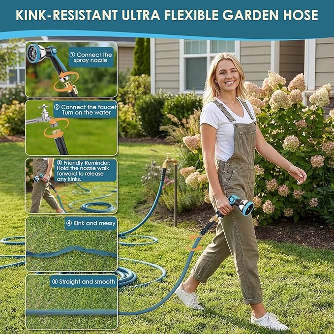 Garden Hose 75 ft Non-Expandable - Ultra Lightweight Super Flexible & Kink-Free Water Hose with Shut-Off Valve, 10-Pattern Nozzle & Holder, Leakproof Heavy Duty Hose for Yard Outdoor, Blue