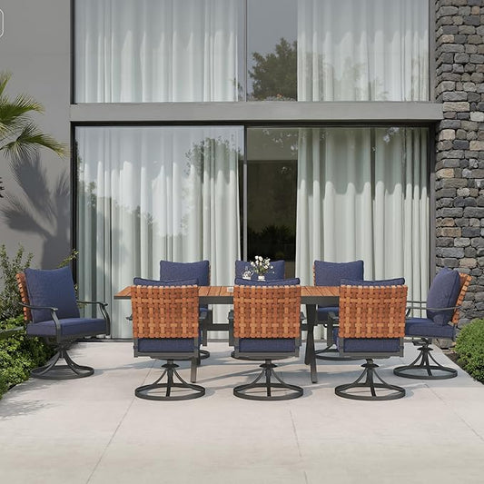 Grand patio 9-Piece Outdoor Dining Set, 8 Leather-Look Wicker Blue Swivel Patio Chairs & 1 Extendable Rectangular Dining Table, Brown