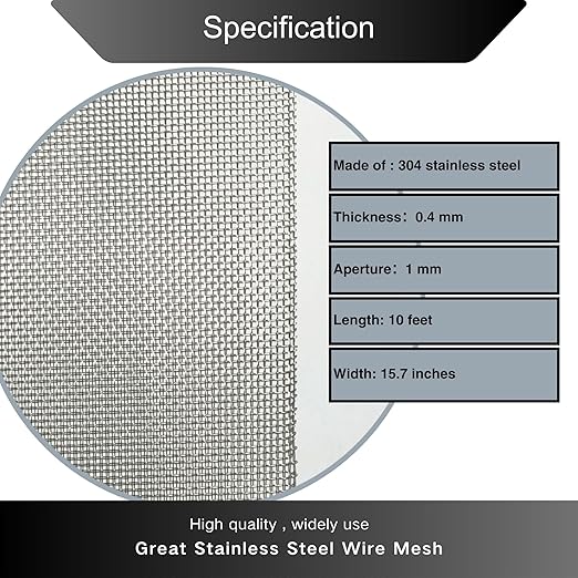 Stainless Steel 304 Wire Mesh-Metal Mesh Screen 15.5 inches x 10 feet