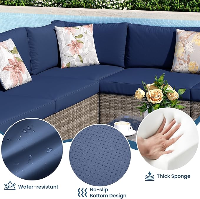 8 Pieces Outdoor Patio Furniture Set with 43" Fire Pit Table, Wicker Outdoor Patio Sectional Sofas with Cushions and Coffee Table, All-Weather Patio Conversation Set for Garden Backyard, Navy Blue