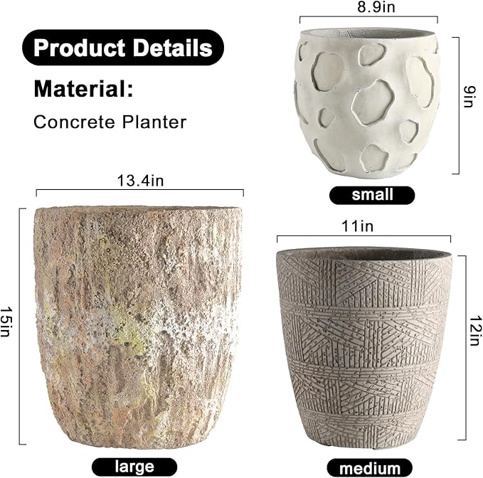 Round Concrete Style Planter Set of 3, Large Outdoor Flower Pots with Drainage, Stone Texture Plant Pots for Indoor Outdoor Garden, Patio & Balcony Décor (3, Sandstone)